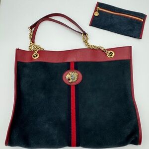 Gucci Suede & Leather Tiger Head Tote Bag with Pouch